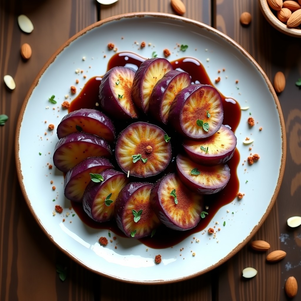 Plato de pizarra con Ärropas de Patata Violetas crujientes dispuestas en círculo, acompañadas de un cuenco pequeño con crema de ajo negro espesa y brillante, decorado con semillas de sésamo negro y bastones de apio. Fondos borrosos de bar español.
