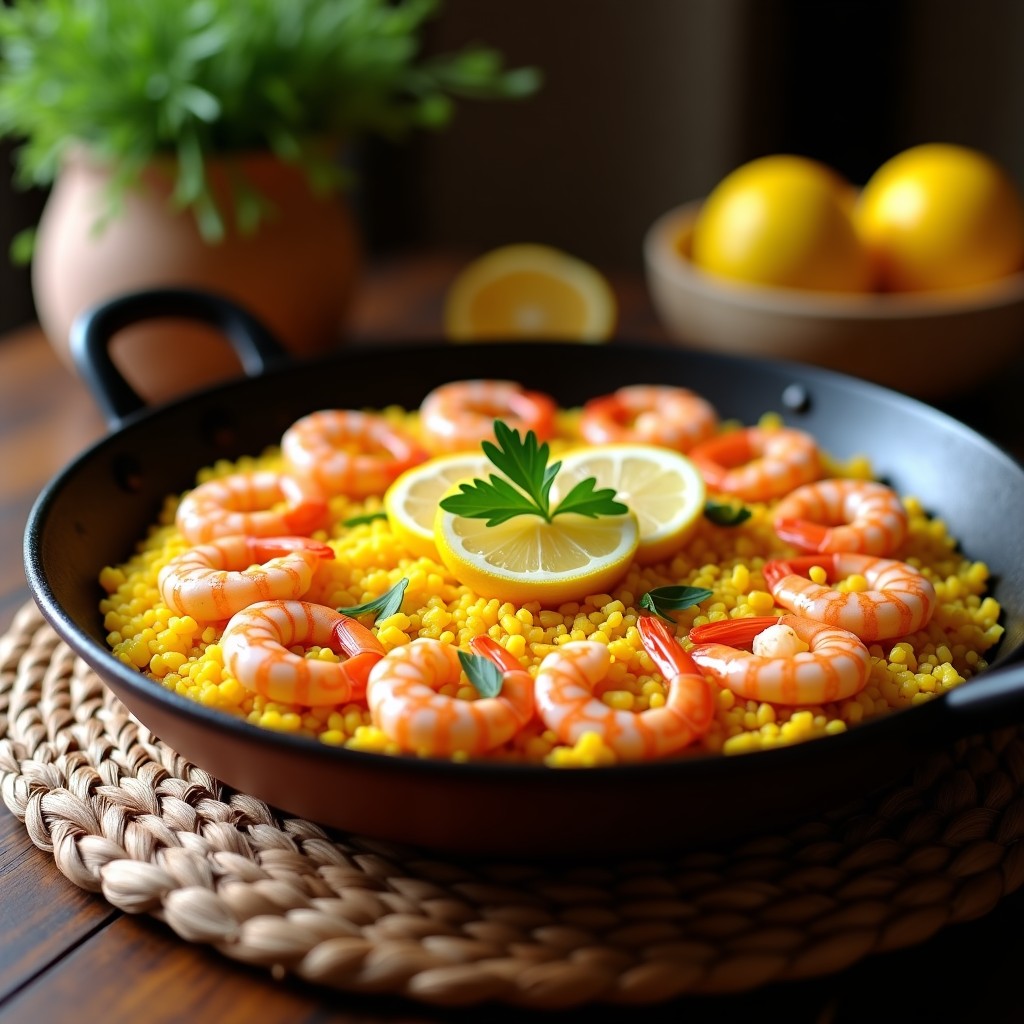 Paellera de barro con arroz a banda alicantino, cubierto de gambas blancas salteadas y decorado con rodajas de limón, sobre una mesa rústica de madera.