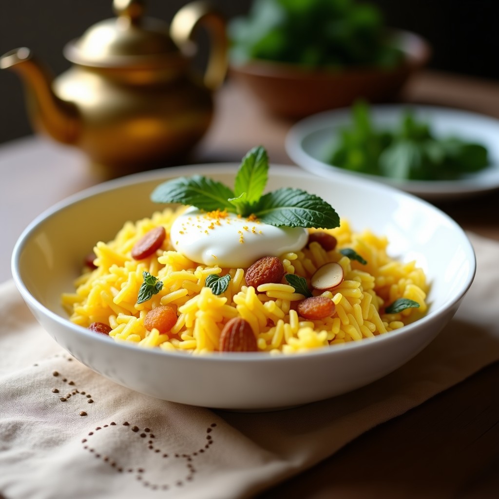 Plato hondo de cerámica blanca con arroz basmati de color dorado intenso, salpicado de pasas doradas de Corinto, almendras fileteadas tostadas y yogur griego. Decorado con hebras de azafrán y hojas de hierbabuena fresca, sobre un mantel de lino beige con detalles persas.