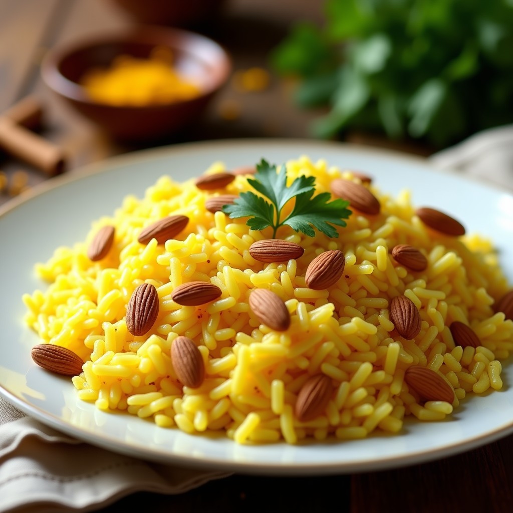 Plato blanco de cerámica con arroz basmati dorado por el azafrán, salpicado de pasas rubias brillantes y almendras fileteadas tostadas. Al fondo, hebras de azafrán y rodajas de limón. Receta iraní vegana de arroz basmati con azafrán y pasas en olla exprés.