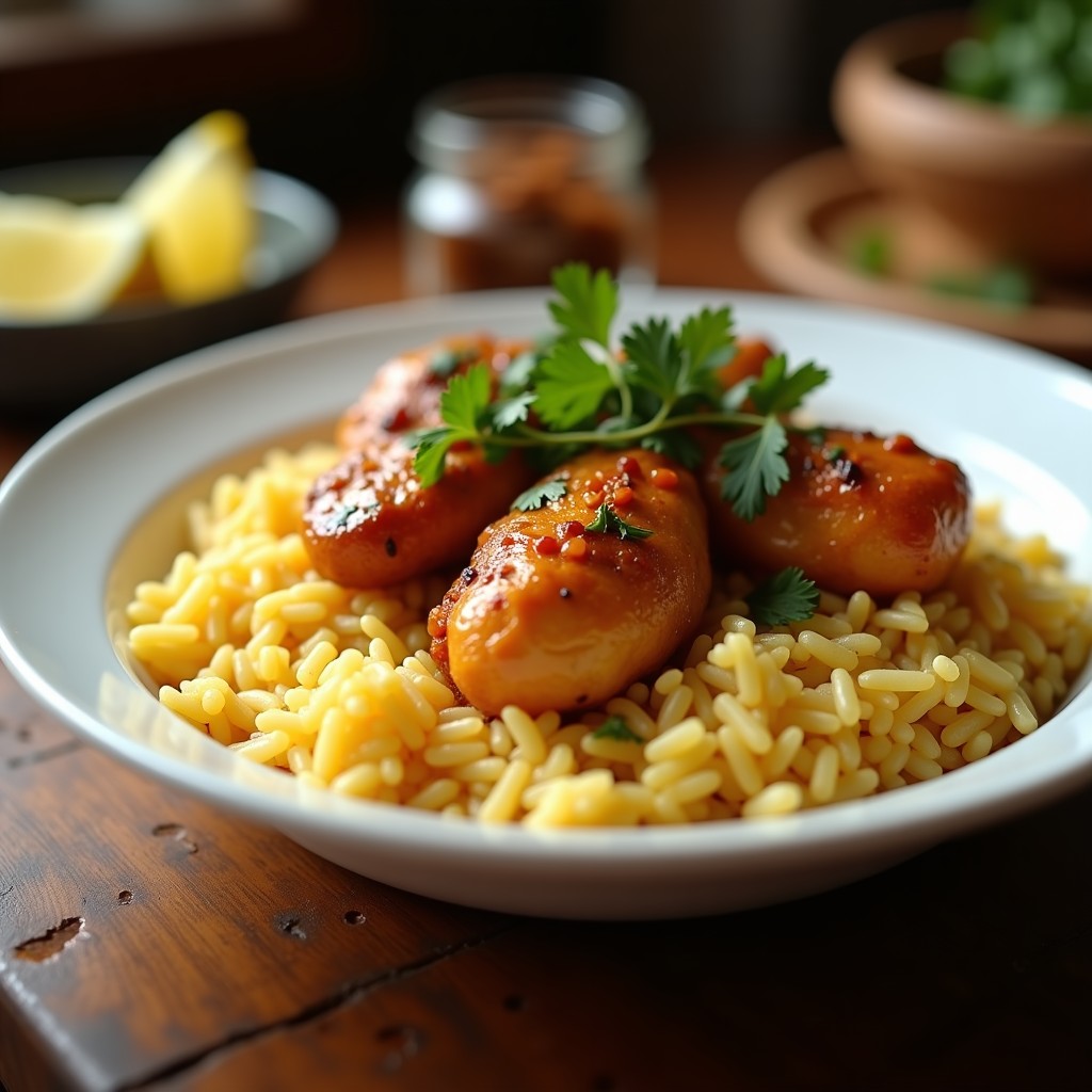 Plato hondo de barro con arroz basmati amarillento por el azafrán, trozos dorados de pollo al tandoori, cilantro fresco y gajos de limón. Receta india especiada en Thermomix.