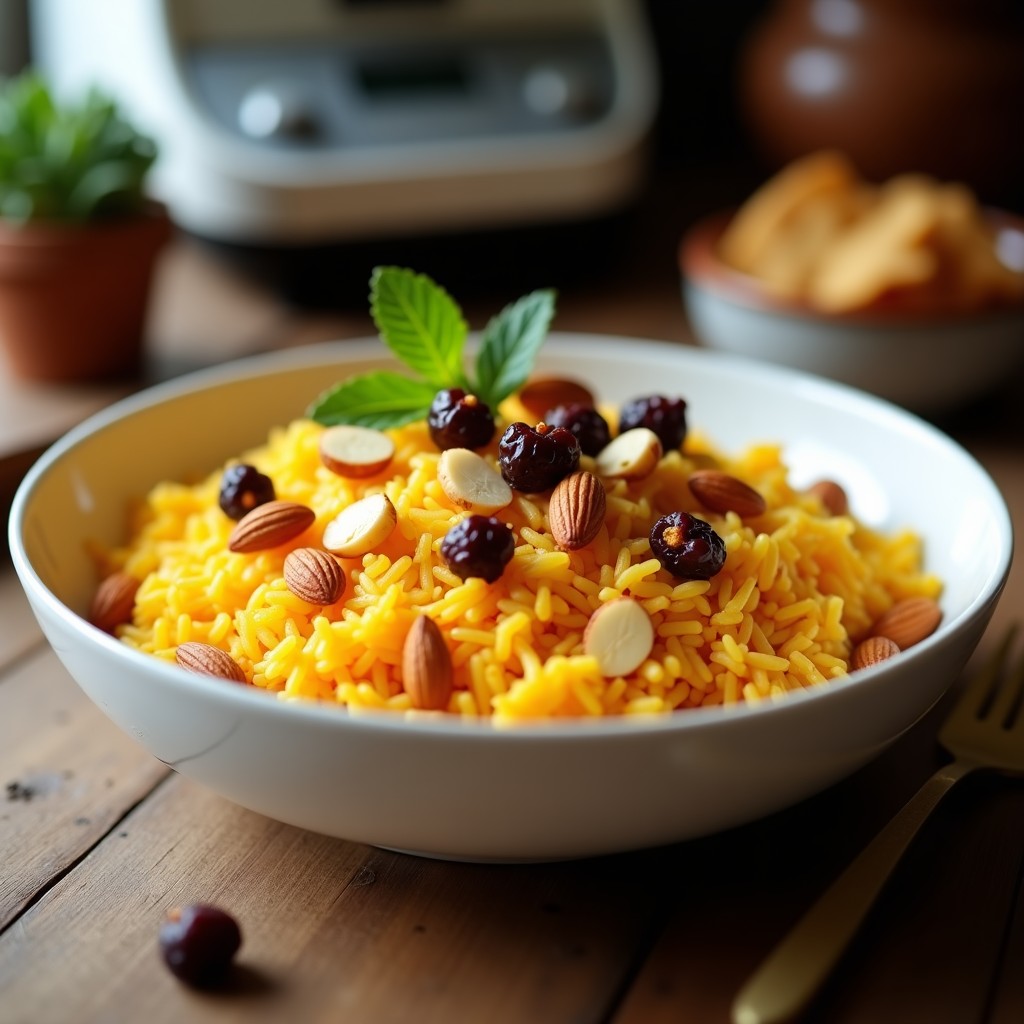 Plato de cerámica blanca con arroz basmati dorado por el azafrán, decorado con almendras fileteadas tostadas, pistachos verdes y trozos de dátiles brillantes. Un hilo de miel de dátil y agua de rosas resalta los sabores dulce-salados. Fondo con especias como cardamomo y canela, evocando la cocina árabe tradicional.