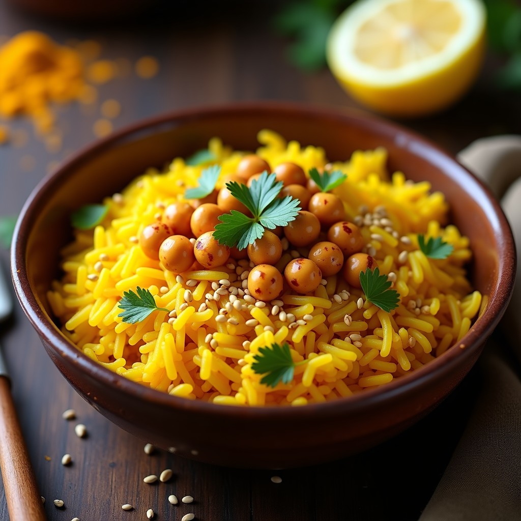 Plato hondo de barro con arroz basmati amarillo dorado por la cúrcuma, coronado con garbanzos crujientes dorados, semillas de sésamo y cilantro fresco. Receta india antiinflamatoria en Thermomix.