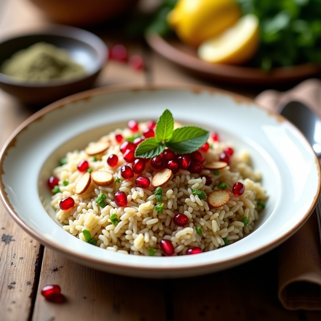 Plato blanco con arroz basmati esponjoso, espolvoreado con za'atar, semillas de granada rojas brillantes, almendras tostadas y perejil fresco, receta árabe vegana fresca.