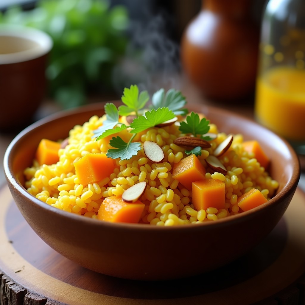 Plato hondo de barro con arroz amarillo dorado por la cúrcuma, trozos de calabaza butternut, almendras fileteadas tostadas y cilantro fresco picado, receta de arroz con calabaza y cúrcuma en Thermomix.