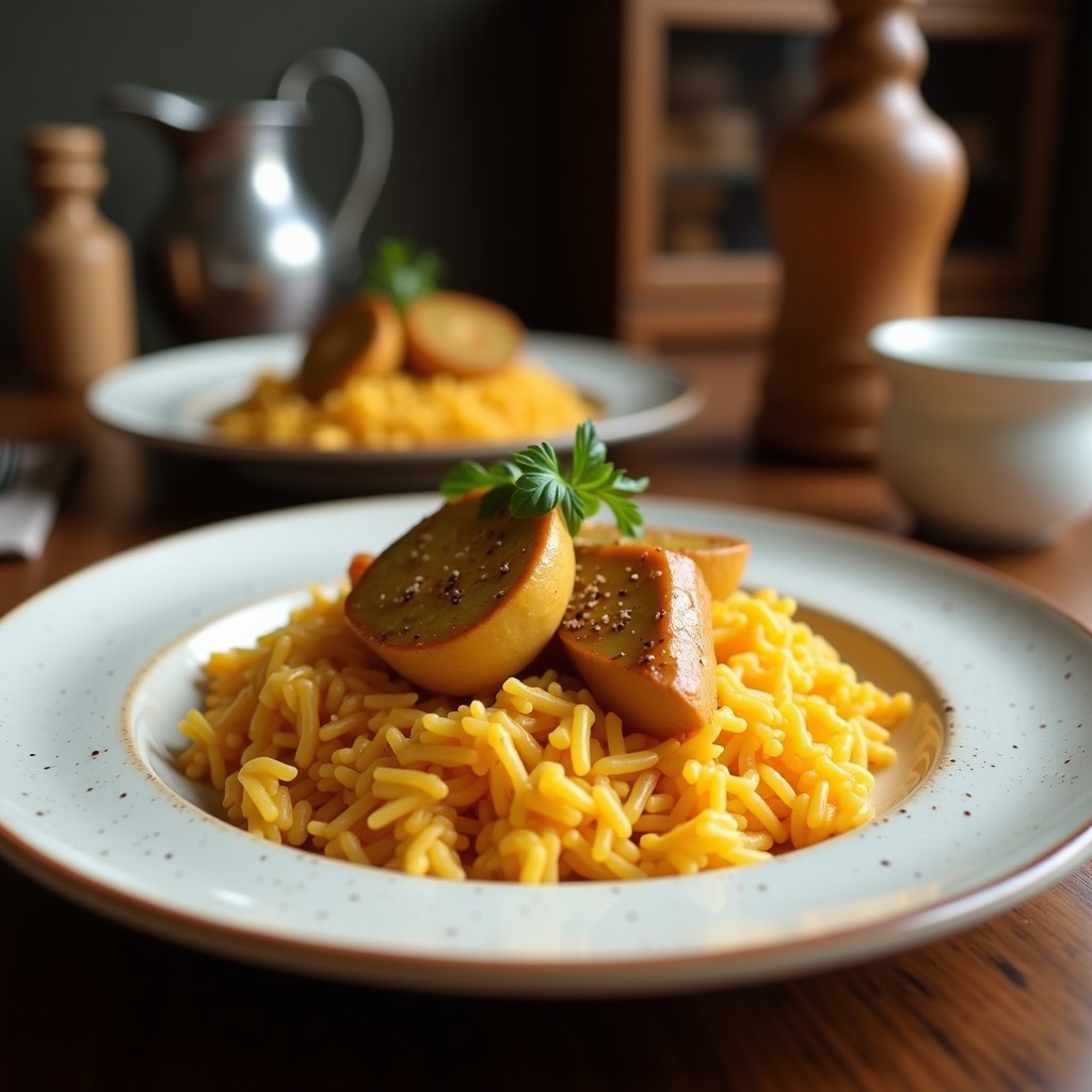 Plato hondo de cerámica blanca con arroz basmati esponjoso, cubos de calabaza butternut dorados y tofu crujiente especiado, decorado con semillas de calabaza y perejil fresco. Receta de arroz con calabaza y tofu al horno vegana y alta en proteína.