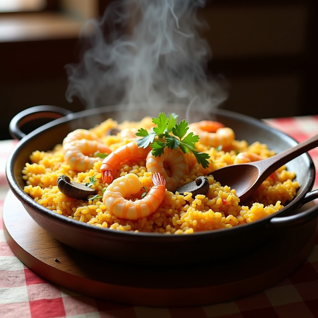 Paellera de barro con arroz caldero murciano humeante, filetes de merluza, gambas y calamares, decorado con hebras de azafrán y perejil fresco.