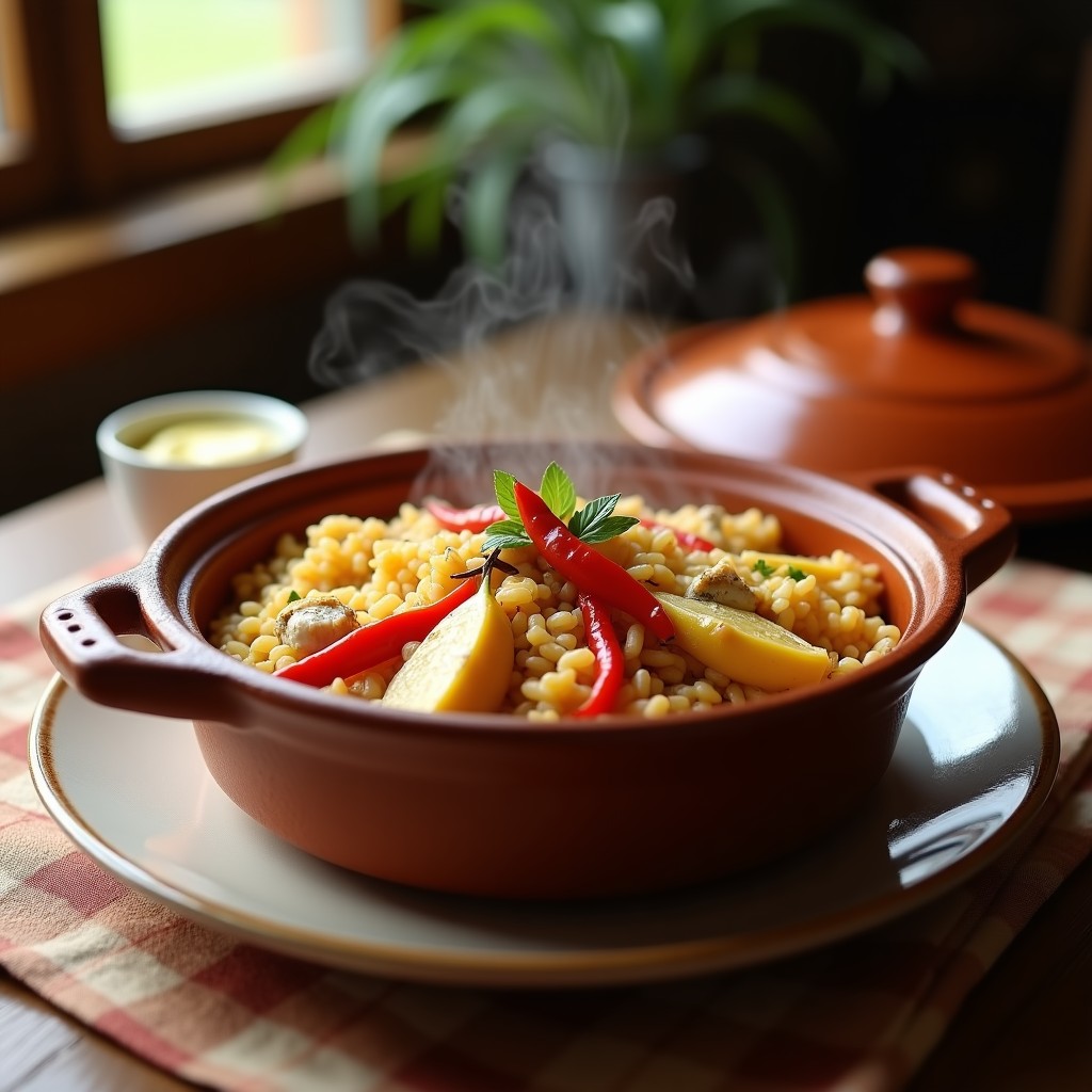 Cazuela de barro humeante con arroz caldero murciano, trozos de rape y dorada, y un toque de color rojo de las ñoras, servido con alioli.