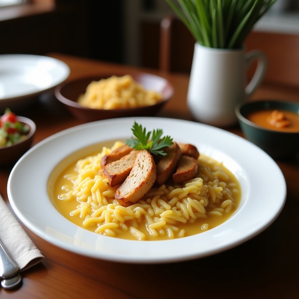 Cuenco hondo blanco con arroz caldo filipino cremoso, trozos de pollo, jengibre rallado y decorado con cebollino y huevo en hilos. Plato tradicional filipino reconfortante.