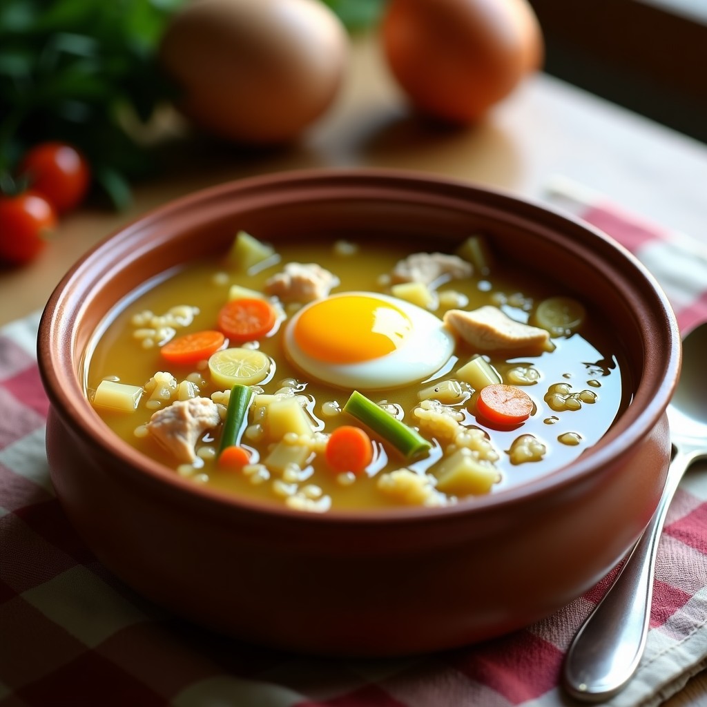 Plato hondo de barro con arroz caldo valenciano humeante, trozos de pollo, zanahoria, puerro y huevo duro picado, típico de la cocina española tradicional.