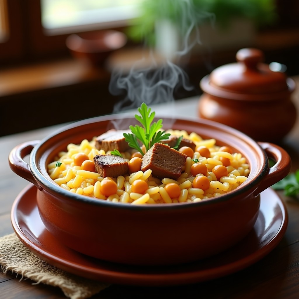 Olla de barro humeante con arroz caldoso, trozos de costilla de cerdo y garbanzos, decorado con perejil fresco. Plato tradicional español de cuchara.