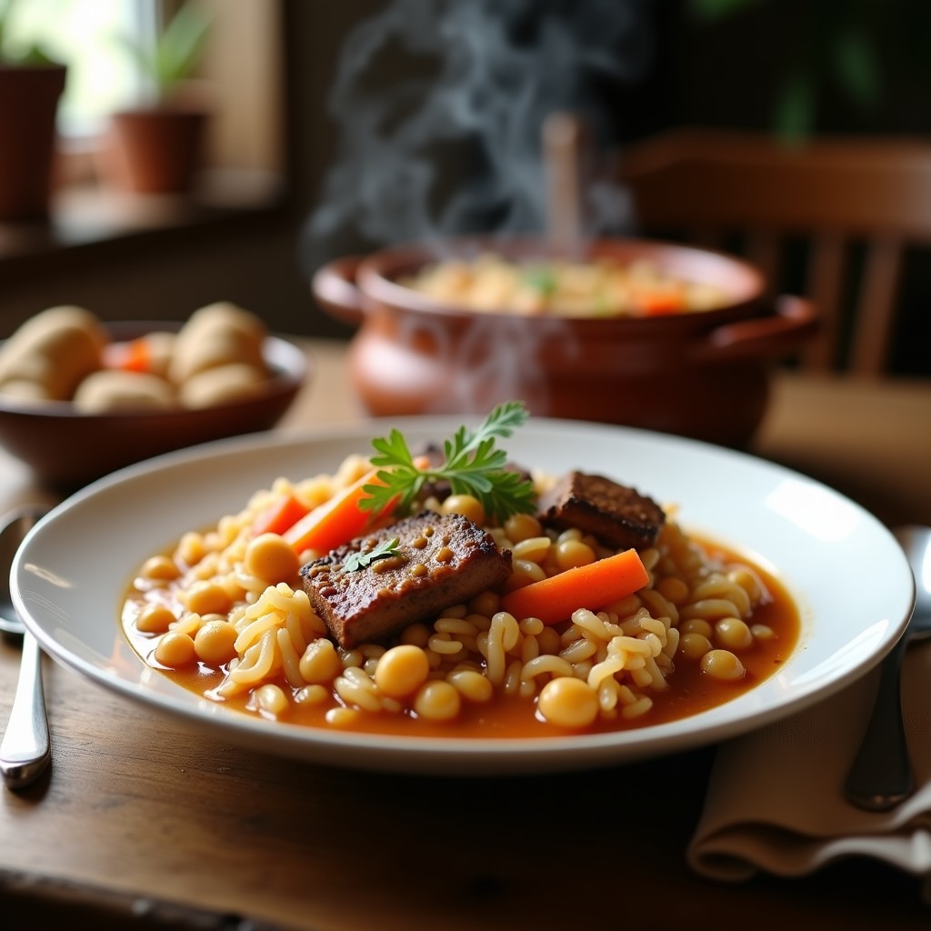 Olla de barro con arroz caldoso con costillas de cerdo, garbanzos, zanahoria y pimiento, servido en plato hondo blanco con cuchara de madera.