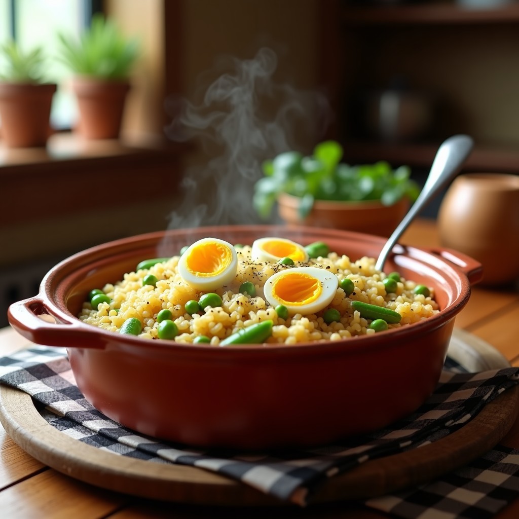 Cazuela de barro con arroz caldoso y menestra de verduras, alcachofas, habas y guisantes, decorado con huevo duro en cuartos, receta tradicional española.