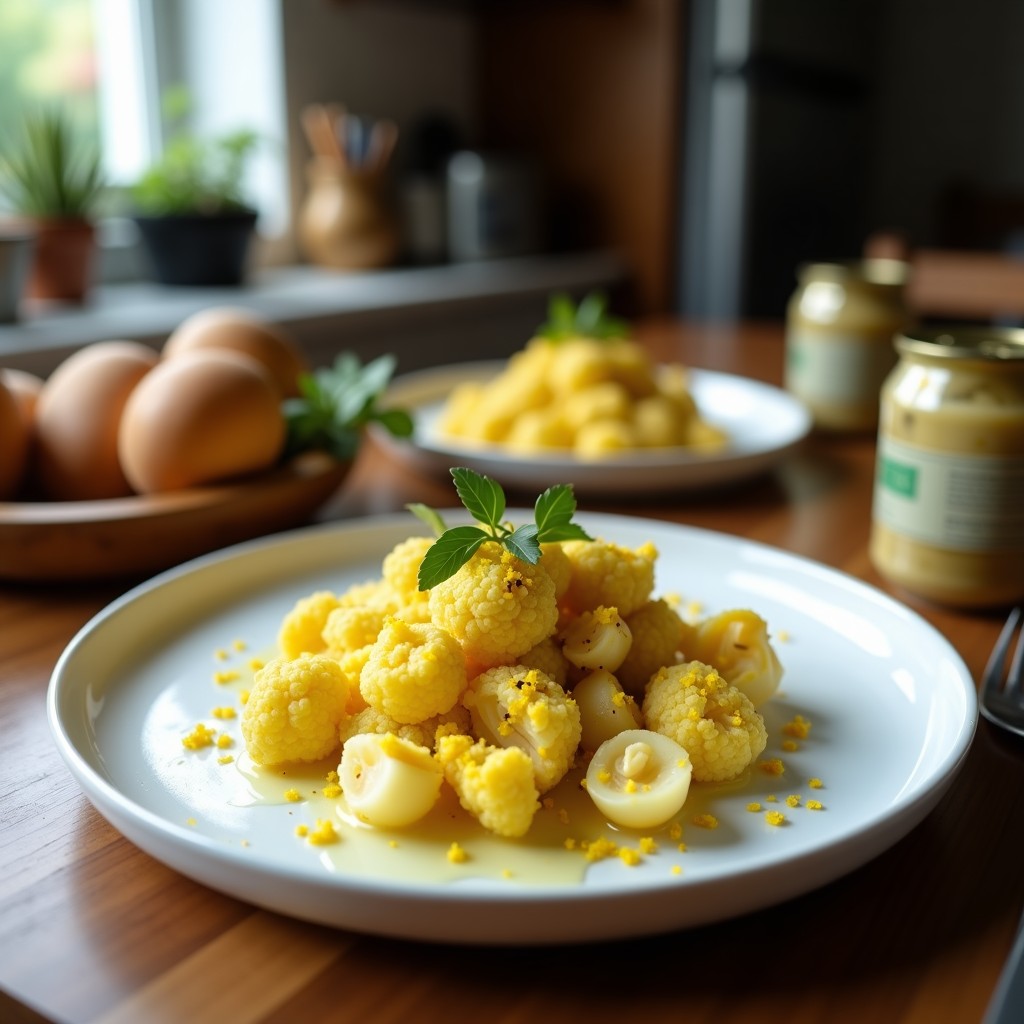 Plato hondo blanco con arroz de coliflor dorado por el azafrán, trozos de alcachofa tierna, almendras fileteadas tostadas y perejil fresco picado, servido sobre mantel rústico. Receta keto de arroz de coliflor con azafrán y alcachofas en olla express.
