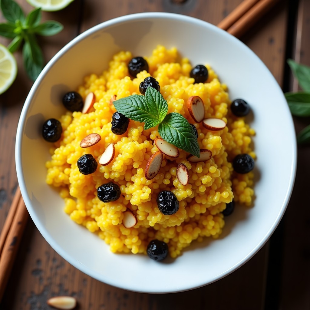 Plato blanco de cerámica con arroz de coliflor dorado, aromatizado con azafrán y pasas de uva negras, decorado con almendras fileteadas tostadas y hebras de azafrán, receta persa vegana en Thermomix.