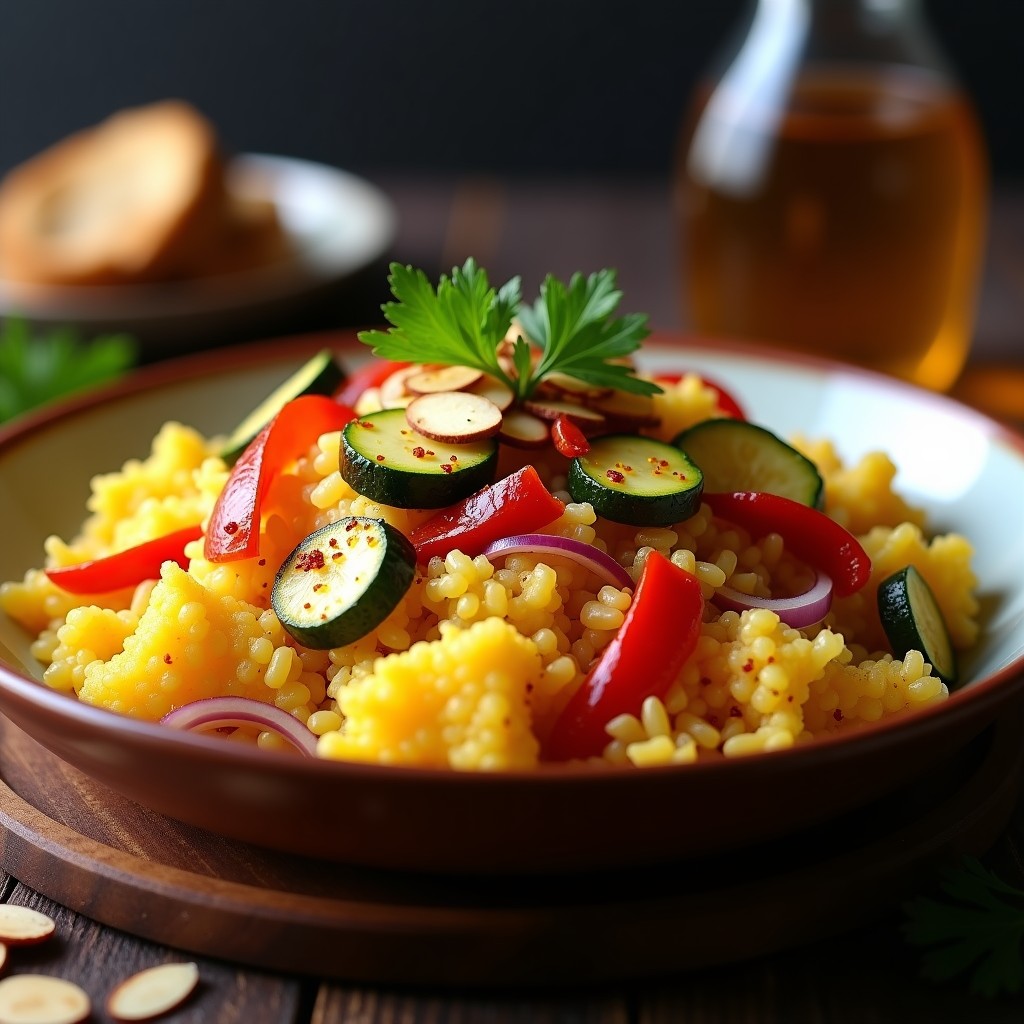 Plato hondo de barro con arroz de coliflor dorado, mezclado con tiras de pimiento rojo asado, rodajas de calabacín y cebolla morada caramelizada. Decorado con hebras de azafrán, almendras fileteadas tostadas y perejil fresco. Fondo rústico con textura de madera oscura.