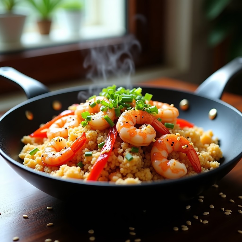 Wok humeante con arroz de coliflor dorado, gambas rosadas y trozos de huevo cuajado, salteado con ajo y jengibre, decorado con cebollino y semillas de sésamo. Receta keto sin gluten de arroz de coliflor con gambas y ajo.