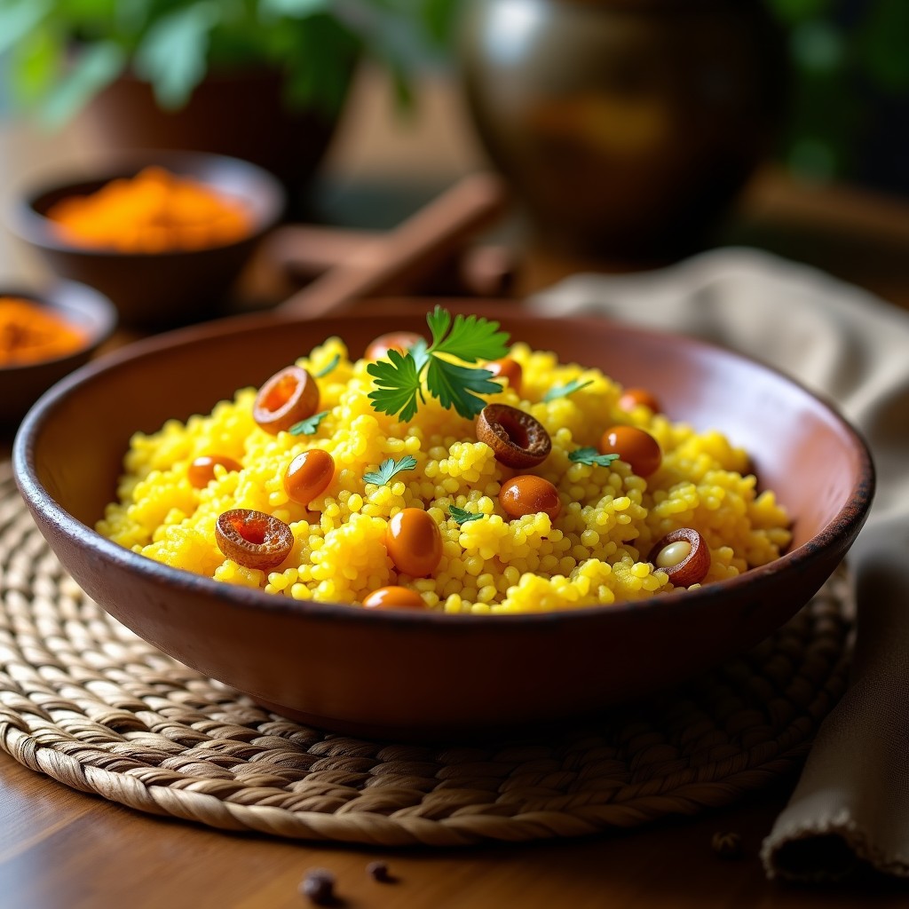 Plato hondo de barro con arroz de coliflor dorado al azafrán, salpicado de pasas rubias y piñones tostados. Decorado con cilantro fresco y servido sobre un mantel rústico con especias persas al fondo.