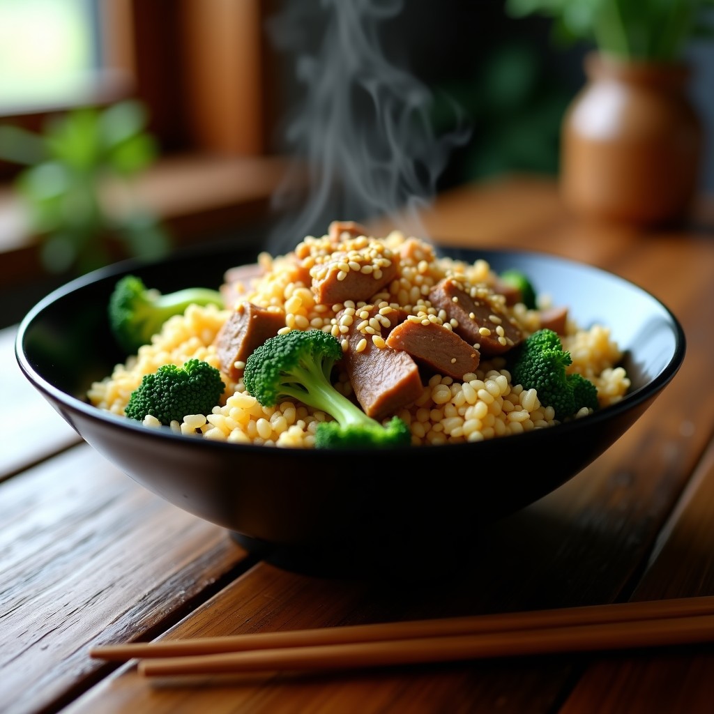 Plato hondo de cerámica negra con arroz de coliflor salteado dorado, tiras de ternera jugosa, brócoli verde vibrante y ajos dorados. Espolvoreado con semillas de sésamo y servido con palillos. Receta keto alta en hierro en airfryer.