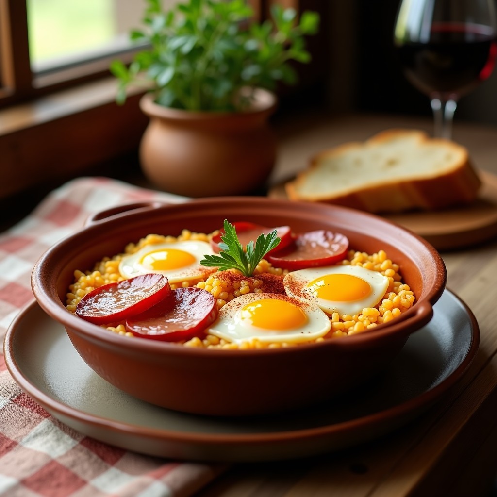 Olla de barro rellena de arroz meloso con rodajas de chorizo dorado y huevos enteros encima, receta tradicional de arroz con huevos y chorizo.