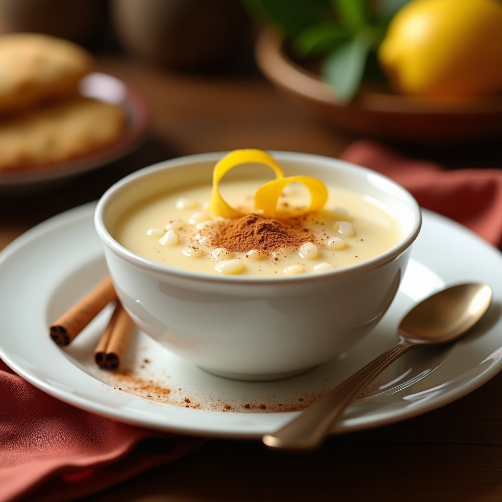 Cuenco de porcelana blanca con arroz con leche tradicional español, cremoso y con canela espolvoreada, acompañado de una rama de canela y cáscara de limón al lado, sobre una mesa rústica de madera.