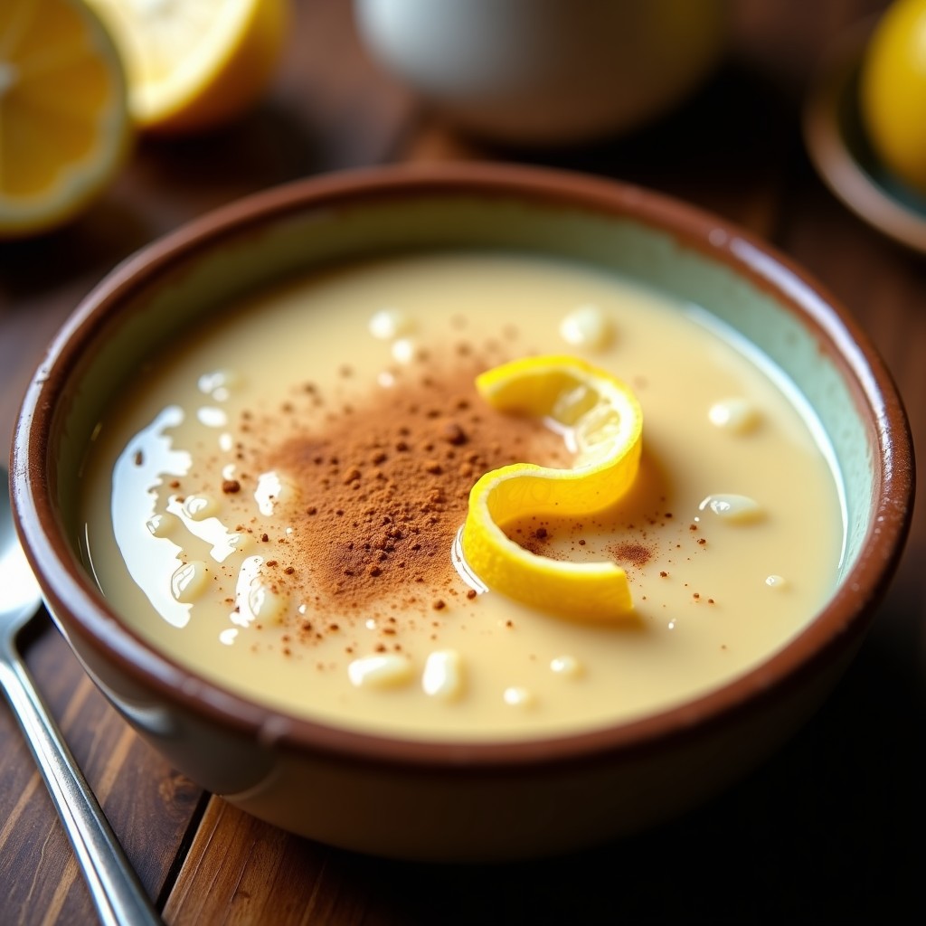 Arroz con leche cremoso en un tazón de cerámica, decorado con canela en polvo y una rama de canela, lista para ser servida