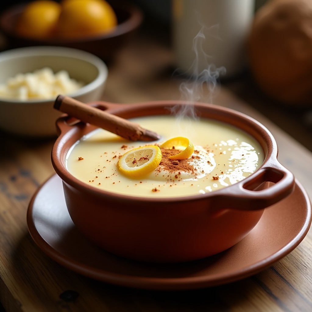 Cazuela de barro con arroz con leche tradicional español, textura cremosa, espolvoreado con canela en polvo y decorado con una rama de canela y corteza de limón.