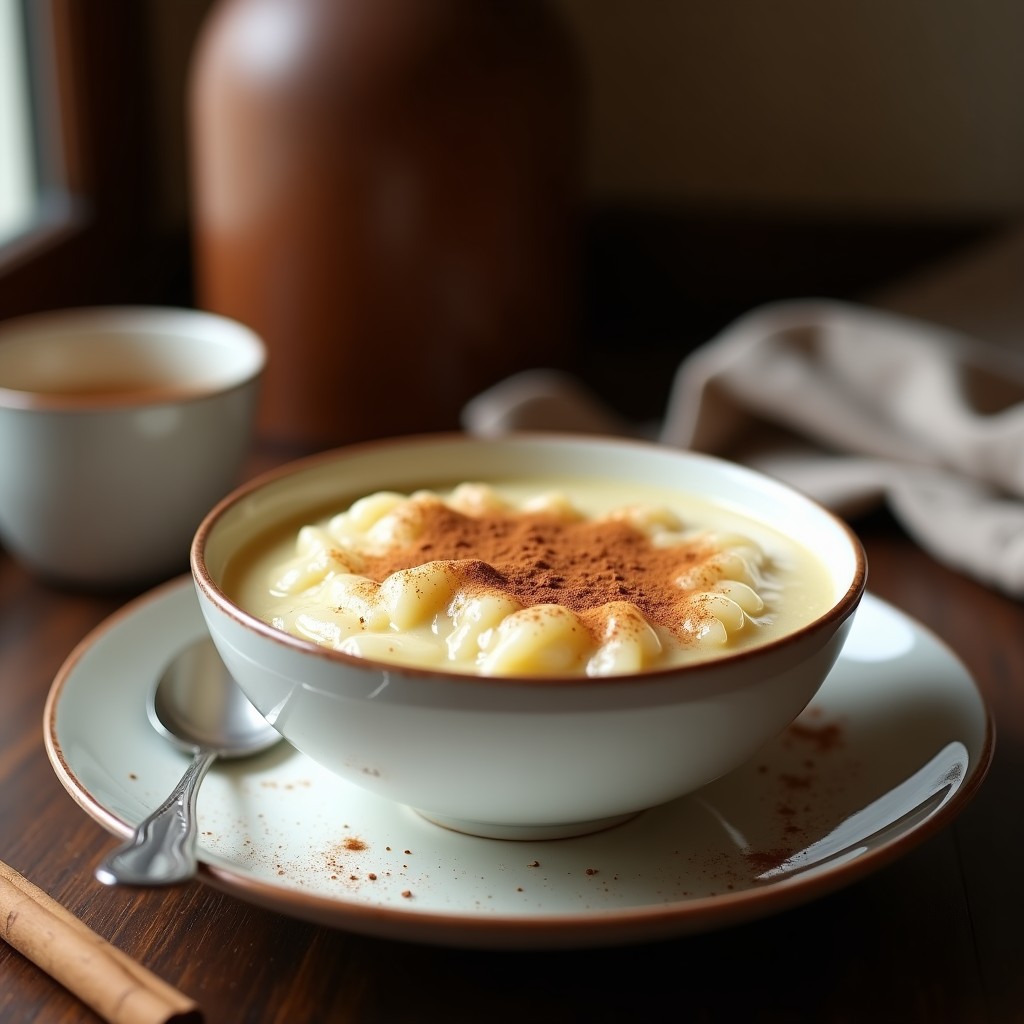 Cuenco de porcelana blanca con arroz con leche tradicional español, espolvoreado con canela en polvo, sobre una mesa rústica de madera con una rama de canela al lado.