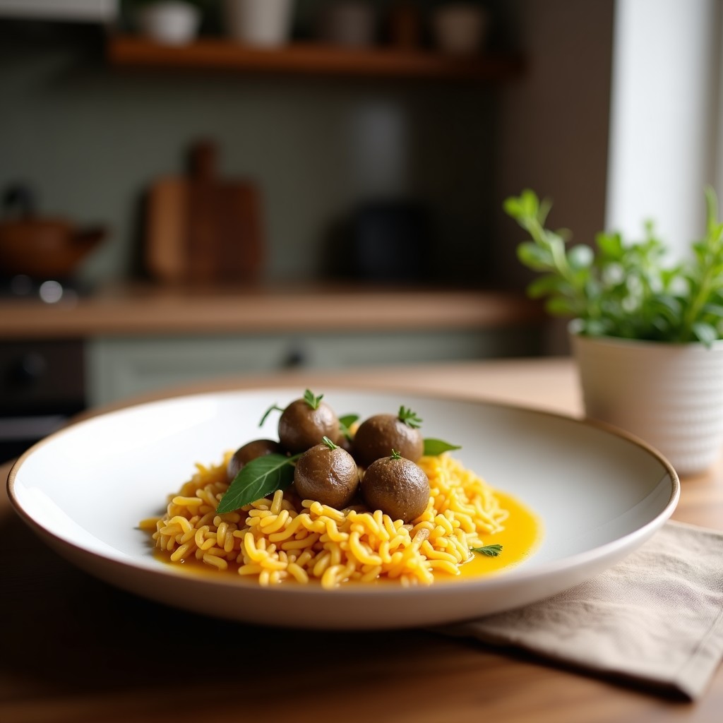 Cazuela de barro con arroz cremoso de color beige, salpicado de láminas doradas de setas boletus y espolvoreado con queso parmesano rallado, sobre un fondo rústico de madera con hierbas frescas.
