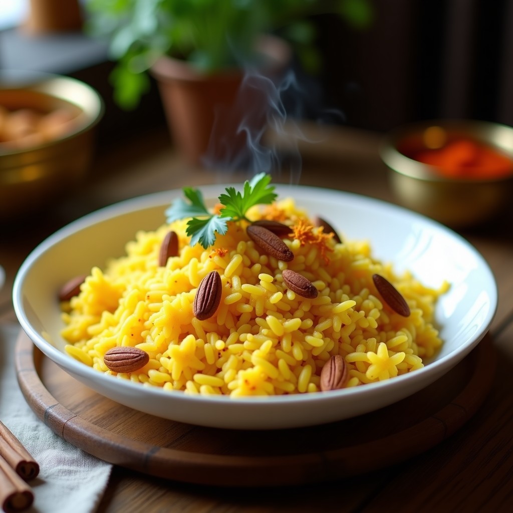 Plato hondo de cerámica blanca con arroz cremoso de color dorado intenso, especiado con azafrán, decorado con almendras fileteadas tostadas y pasas sultanas. Receta de arroz con azafrán al estilo Bombay.