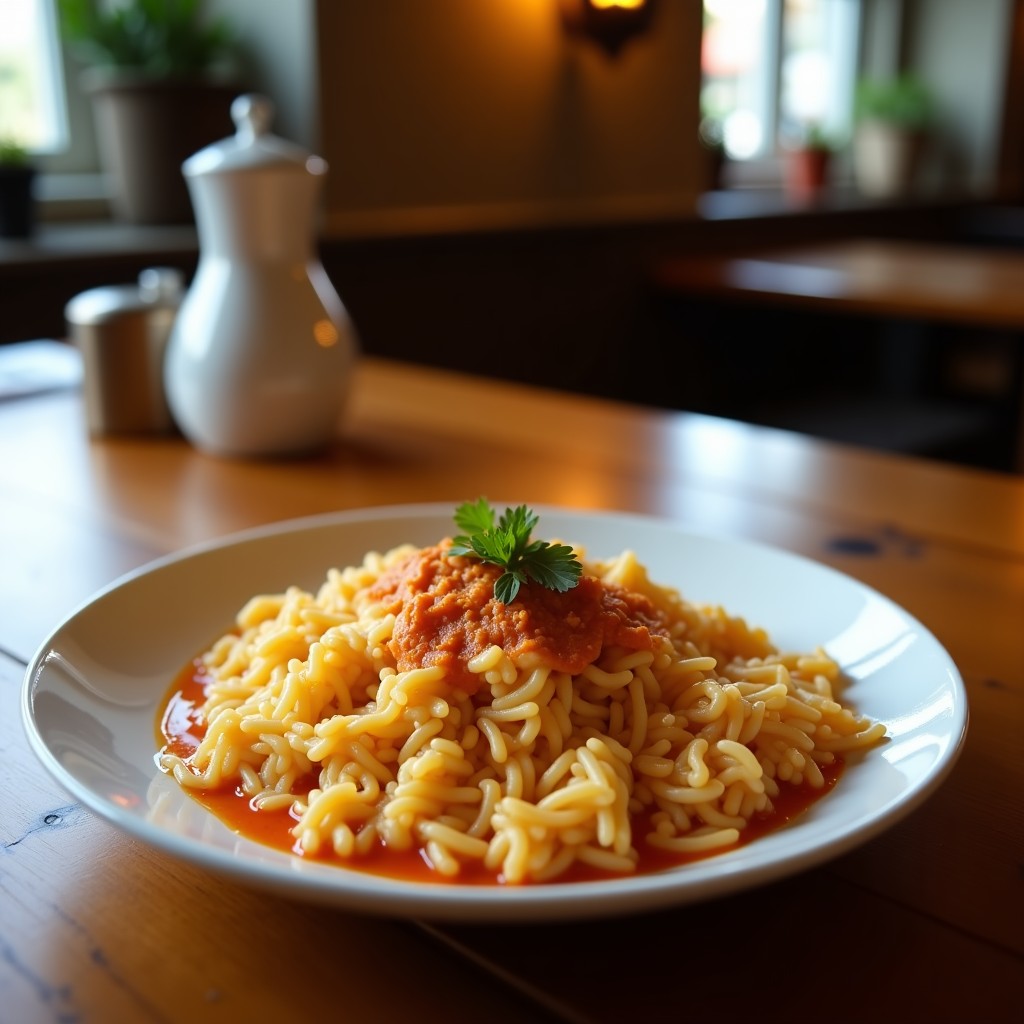 Plato hondo blanco con arroz a la cubana express: arroz blanco meloso cubierto con huevo frito y rodajas de plátano maduro dorado, servido en sartén de acero.