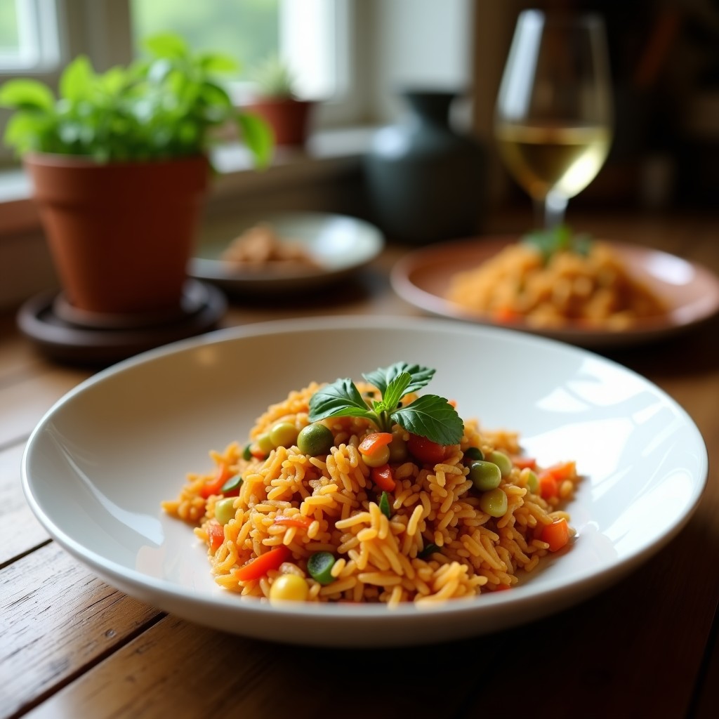 Plato hondo de cerámica oscura con arroz frito indonesio, trozos dorados de tempeh marinado, brócoli al vapor brillante y cilantro fresco. Fondos de salsa kecap manis y limón al lado.