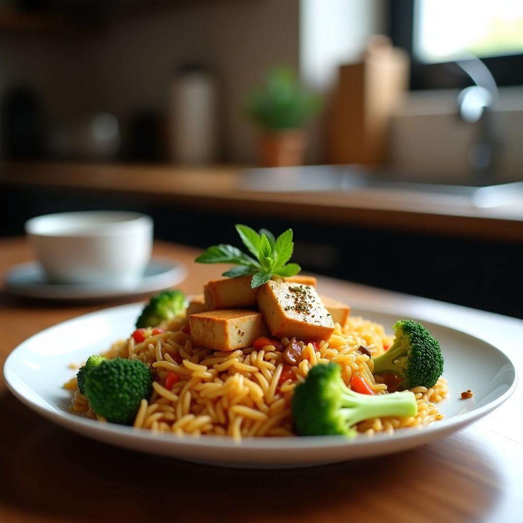 Arroz Frito con Tofu, Brócoli y Salsa de Tamari: Receta Asiática en Airfryer sin Aceite