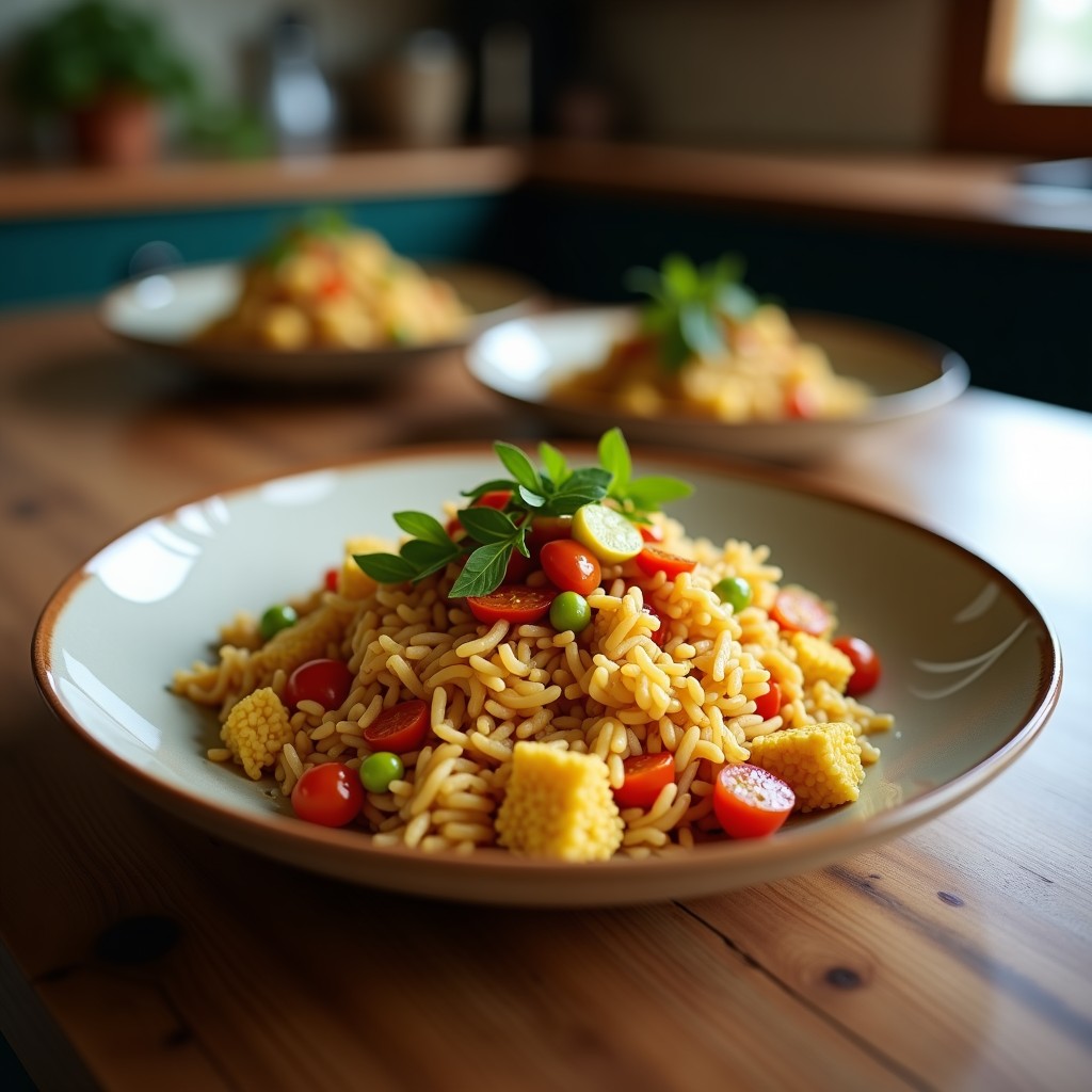 Plato hondo de cerámica negra con arroz frito dorado, cubos de tofu marinado, kimchi rojo vibrante y daikon en escabeche, espolvoreado con semillas de sésamo negro y cebollino. Receta vegana de arroz frito con tofu y vegetales en fermentación en olla express.