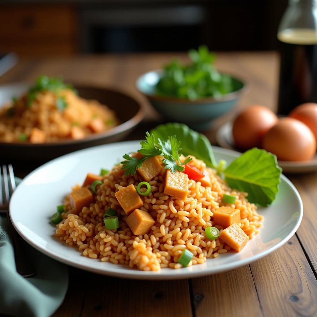 Plato hondo de cerámica negra con arroz frito dorado, cubos de tofu marinado crujiente, kimchi vegano en trozos, zanahoria y pimiento rojo salteados, decorado con semillas de sésamo negro y cebollino fresco. Fondo borroso con utensilios de cocina chinos.