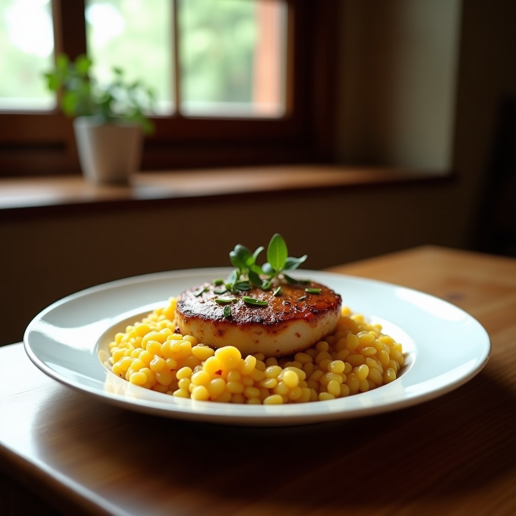 Foto de un arroz meloso de pato con setas y trufa, lista para servir, con una cuchara y un plato de fondo