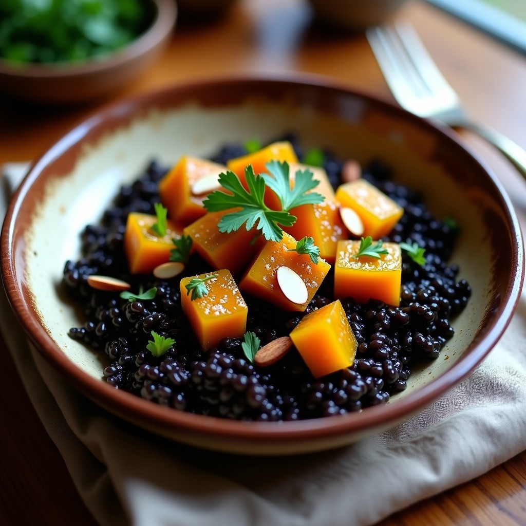 Plato hondo de barro con arroz negro brillante, cubos de calabaza asada dorada, almendras tostadas y perejil fresco, receta vegana sin gluten.