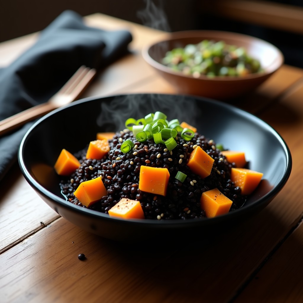 Plato hondo de cerámica negra con arroz negro brillante mezclado con cubos dorados de calabaza asiática, espolvoreado con semillas de sésamo negro y cebollino fresco, receta en airfryer.