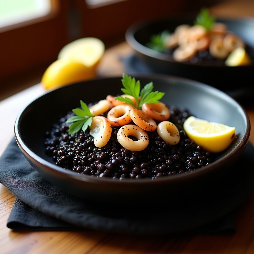 Plato hondo de barro negro con arroz negro con calamar en su tinta, decorado con rodajas de limón y anillos de calamar dorados. Receta express en olla.