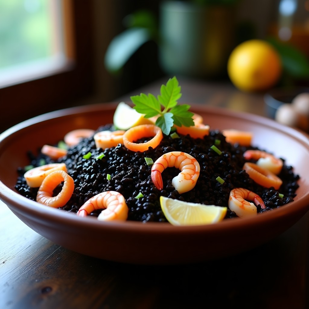 Plato hondo de barro con arroz negro brillante, mezclado con calamares, gambas y mejillones, decorado con gajos de limón y perejil fresco, receta tradicional de arroz negro con marisco en Thermomix.