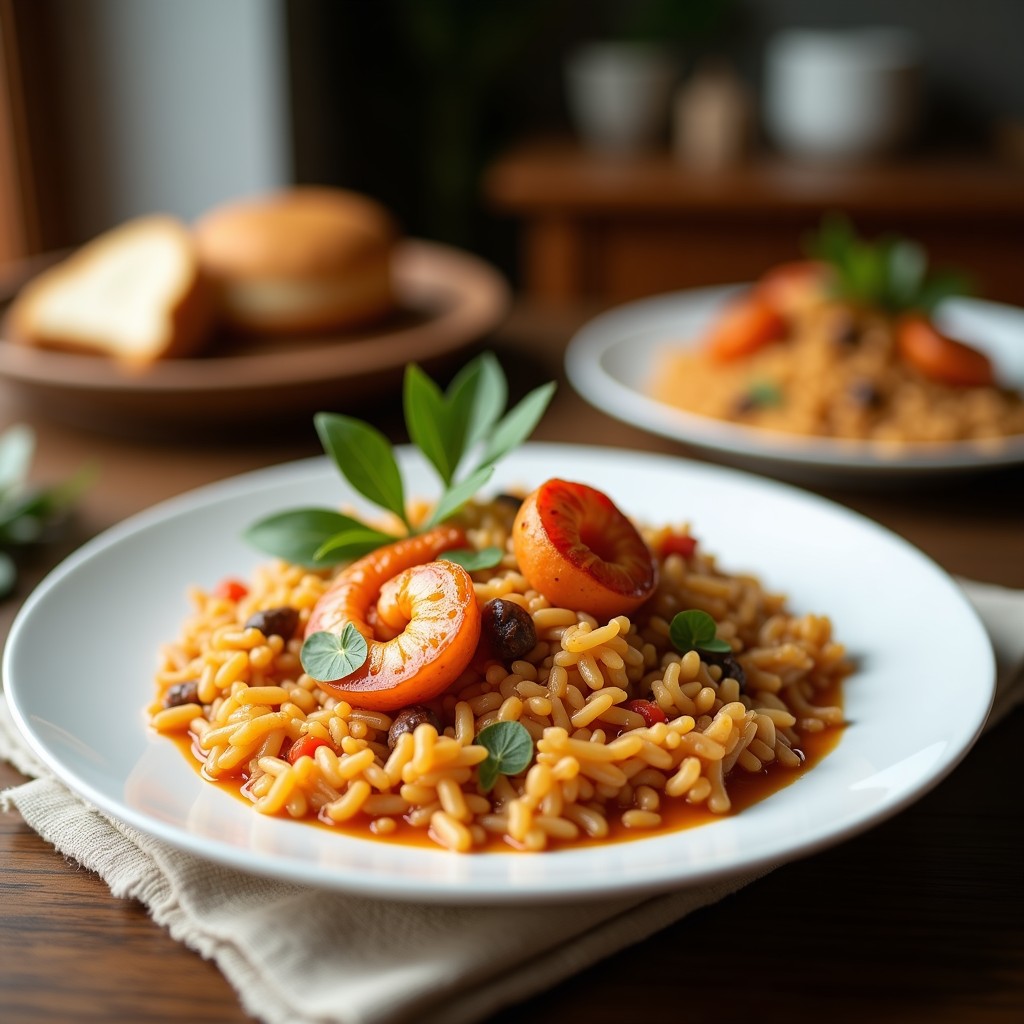 Plato hondo de barro con arroz negro brillante, mariscos (gambas, calamares y mejillones) y hierbas frescas. Receta de arroz negro con mariscos en airfryer.