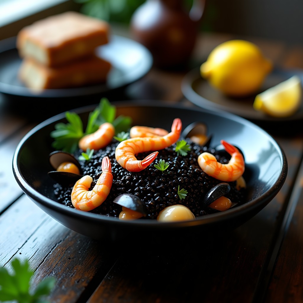 Plato hondo negro con arroz negro brillante y mariscos (gambas, calamares y mejillones) dispuestos de forma apetitosa, decorado con perejil fresco y una rodaja de limón. Receta de arroz negro con mariscos en Thermomix.