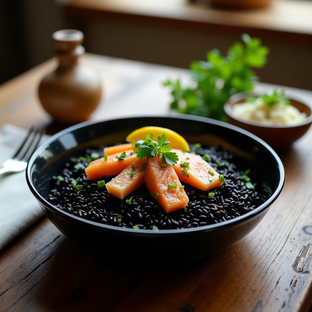 Plato hondo de cerámica negra con arroz negro brillante, trozos de pescado ahumado y perejil fresco, receta Thermomix gourmet.