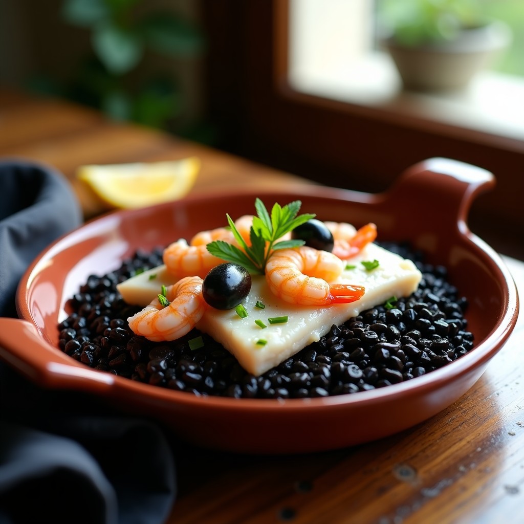 Plato hondo de barro con arroz negro brillante servido con filetes de merluza cocida, gambas y aceitunas negras, decorado con perejil fresco. Receta tradicional de arroz negro con pescado en airfryer.