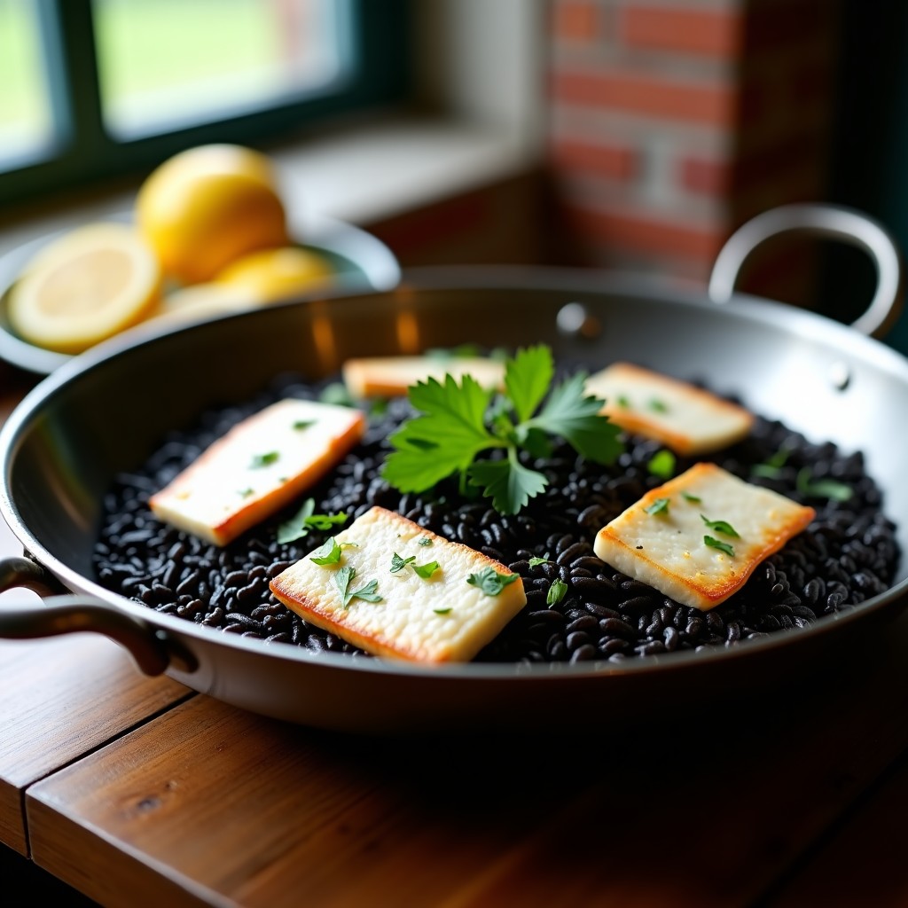 Paellera de acero con arroz negro brillante servido con filetes de merluza cocida, decorado con perejil fresco y gajos de limón, receta rápida de arroz negro con pescado.