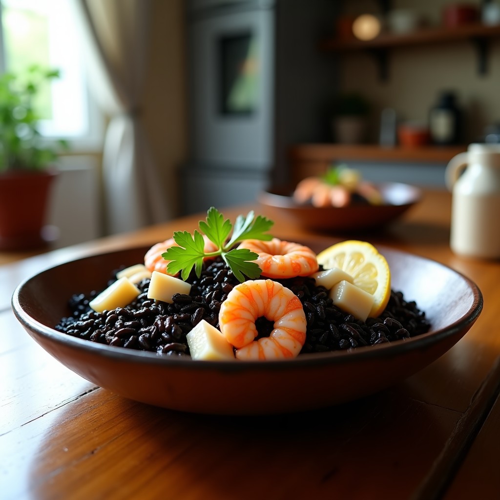 Plato hondo de barro con arroz negro brillante, trozos de merluza blanca y gambas rosadas, decorado con perejil verde y gajos de limón, receta de arroz negro con pescado en Thermomix.