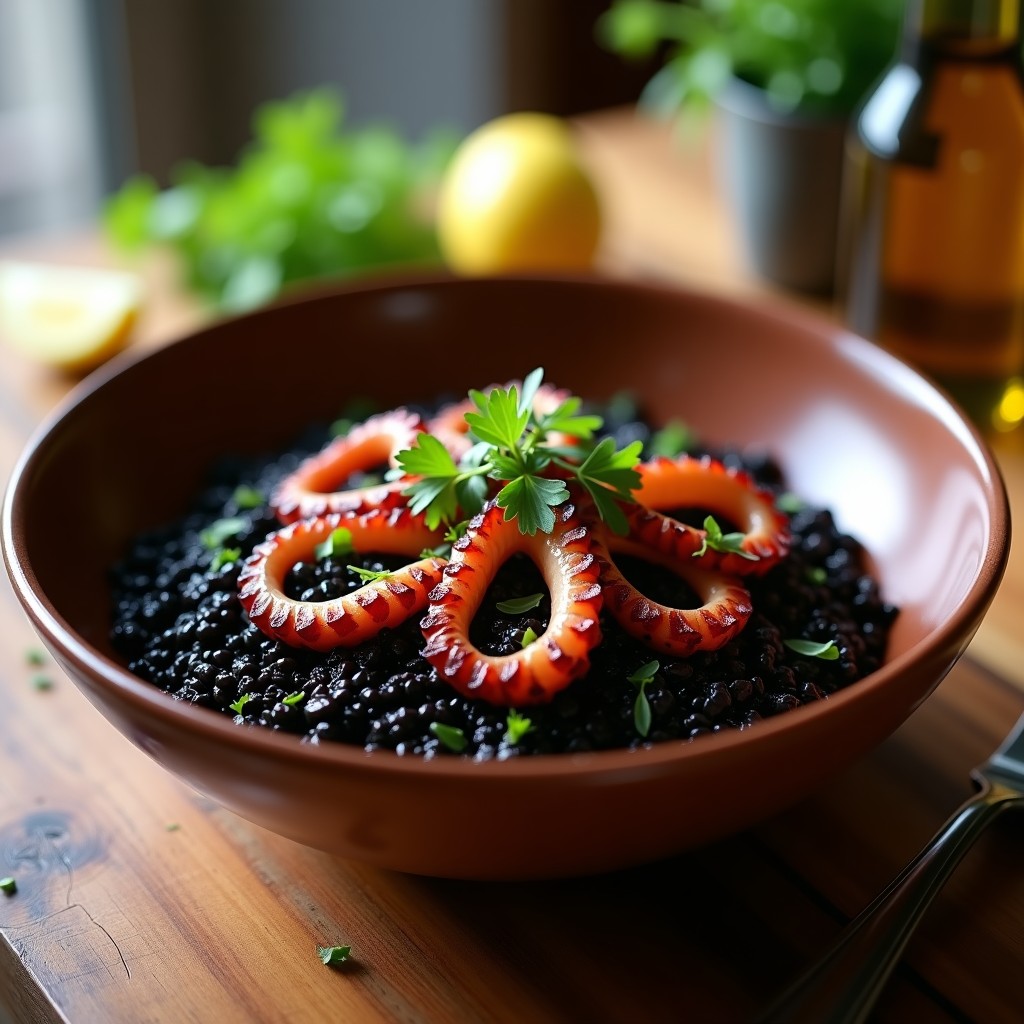 Plato hondo de barro con arroz negro brillante, trozos de pulpo tierno y perejil fresco. Receta de arroz negro con pulpo en airfryer, servido con gajos de limón.