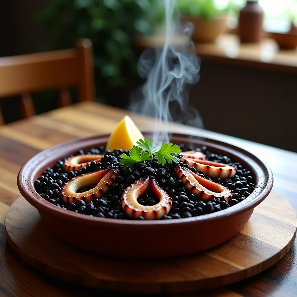 Cazuela de barro con arroz negro brillante, trozos de pulpo tierno y perejil fresco, servido con rodaja de limón, receta gallega tradicional de arroz negro con pulpo.