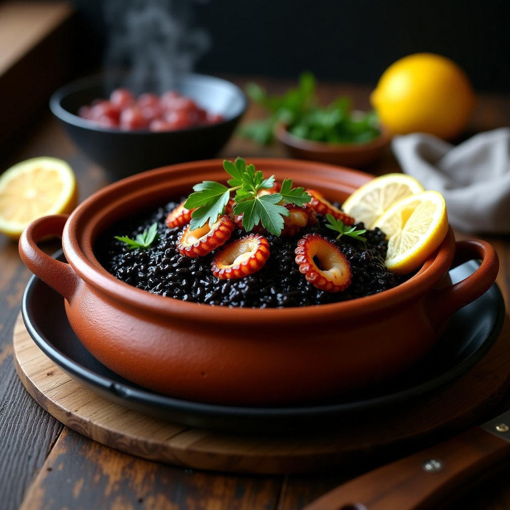 Caldera de barro con arroz negro brillante, trozos de pulpo tierno y perejil fresco, servido con gajos de limón. Receta tradicional de arroz negro con pulpo y tinta de calamar.