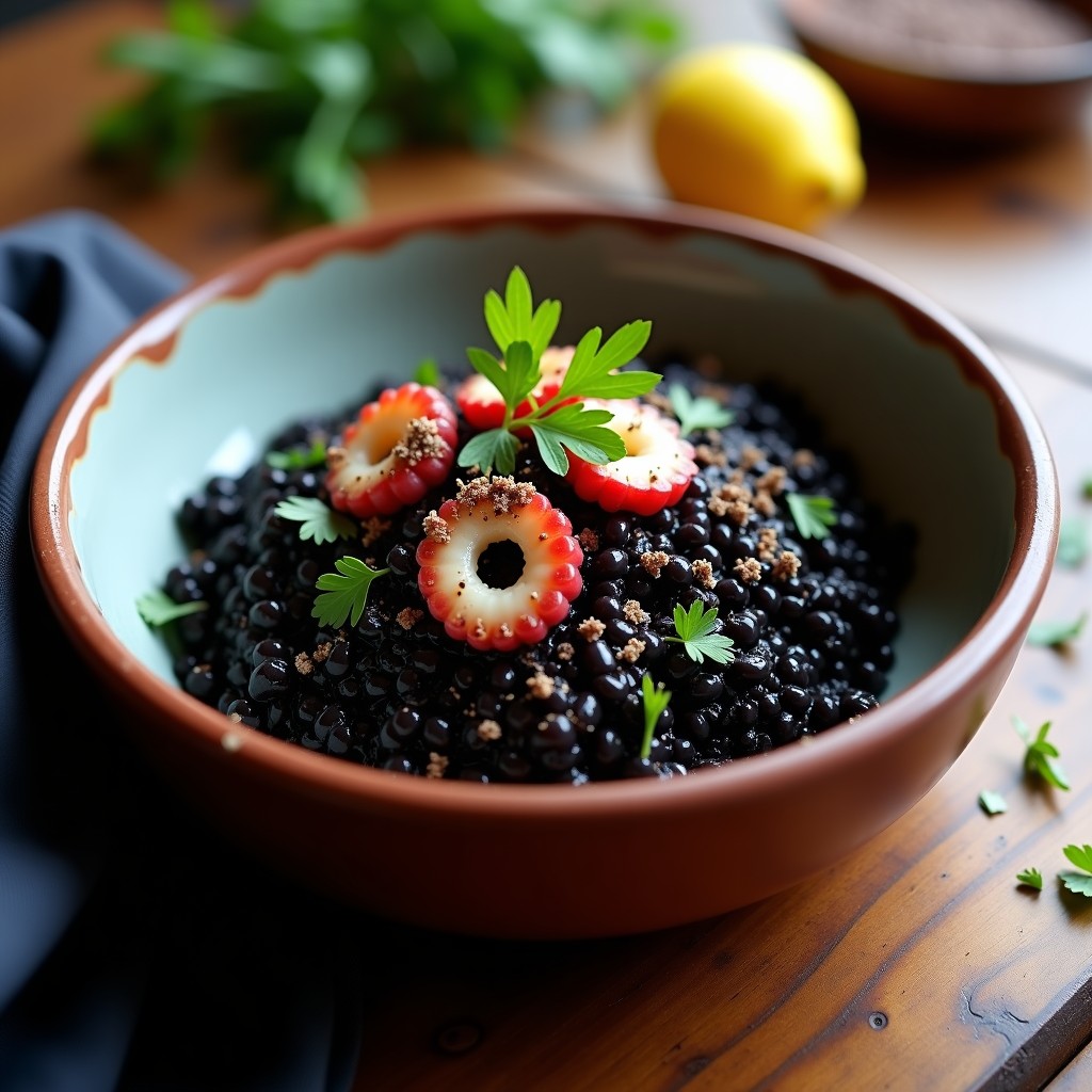 Plato hondo de barro con arroz negro brillante mezclado con trozos de pulpo y espolvoreado con zaatar y perejil fresco, receta gourmet de arroz negro con pulpo y zaatar.